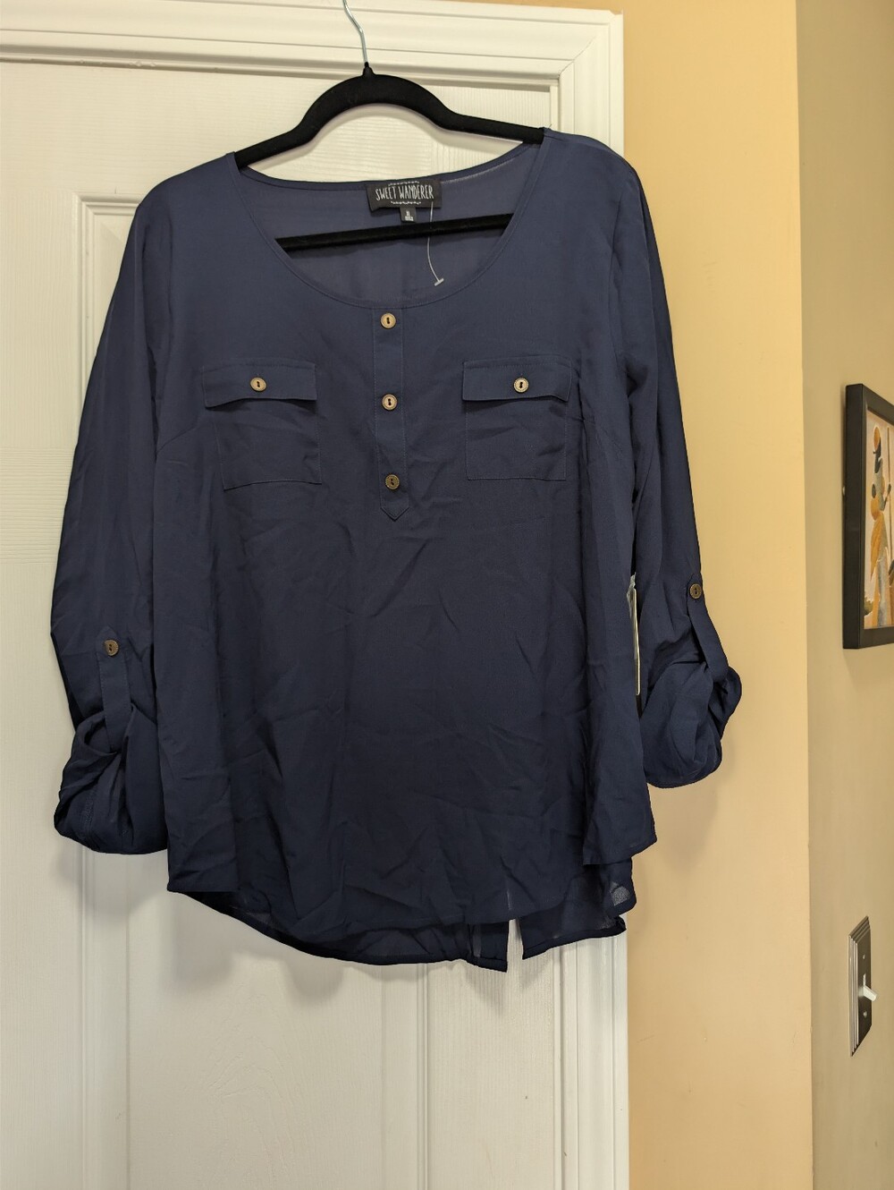 NEW Sweet Wanderer Button Up Back Blouse Roll Up Sleeves Semi Sheer Dark Navy